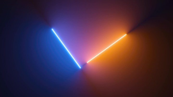 4k looping 3d animation, abstract neon background with spinning glowing lines. Dark wall illuminated with blue orange luminescent lamps