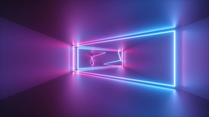 3d abstract looping animation, geometric background with neon lines appearing in endless tunnel. Pink blue glowing gradient