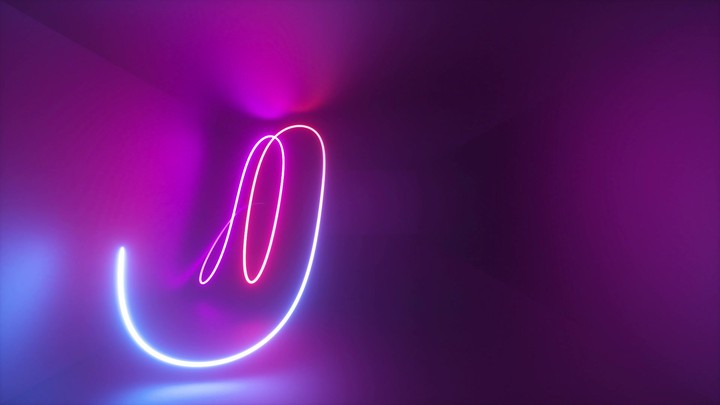 3d abstract background with glowing neon line moving inside long dark tunnel. Pink blue doodle loops, vibrant neon light illumination. Laser ray path, chaotic track, lighting beam
