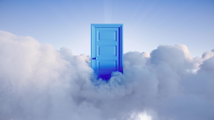 3d animation, blue door opens among the clouds in the sky. Way to eternity, religious heaven paradise metaphor, afterlife concept