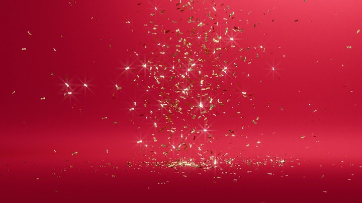 animated 3d Christmas party popper, golden confetti on red background, gold glitter particles appears from bottom, fly up and fall down