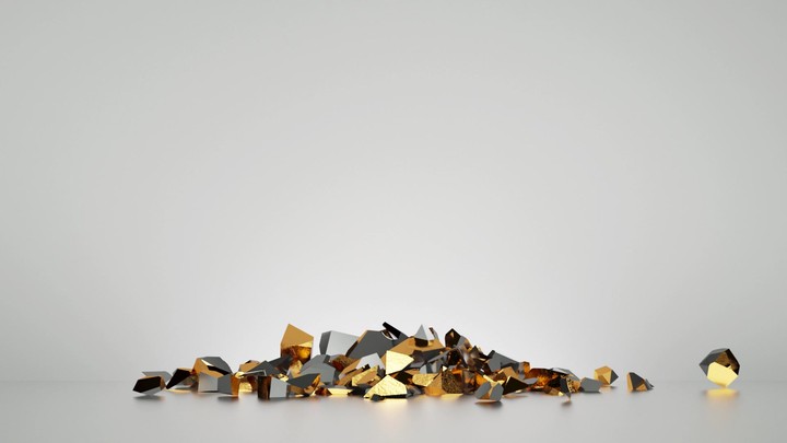 3d animated financial symbols crush and broken pieces fall down on white background