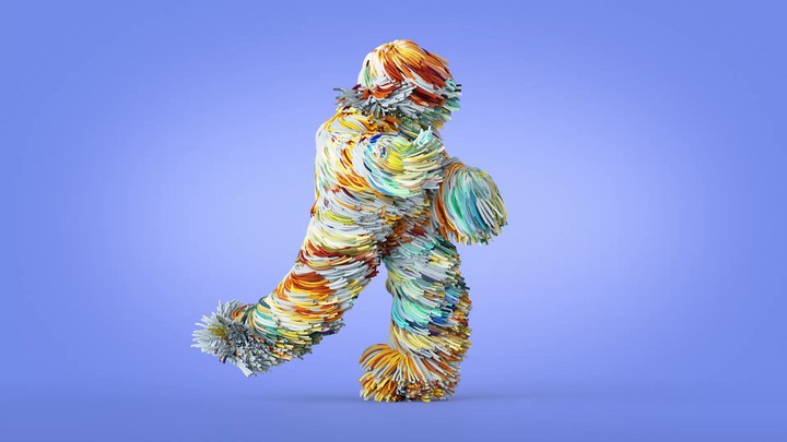 looping 3d animation, dancing colorful monster, funny mascot having fun, furry toy isolated on violet blue background