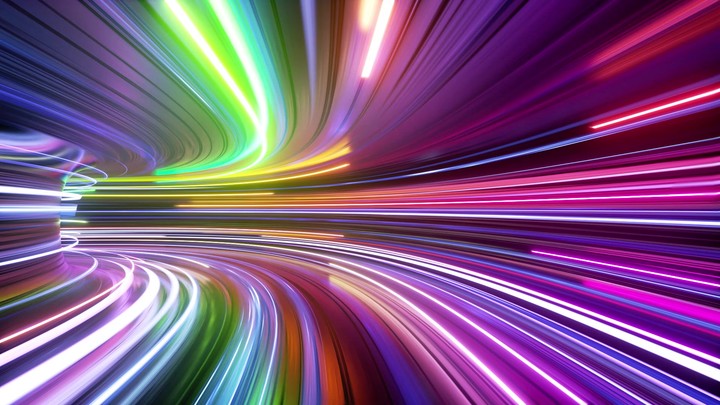 3d animation, abstract background, tunnel turn with sliding colorful neon lines. Speed of light