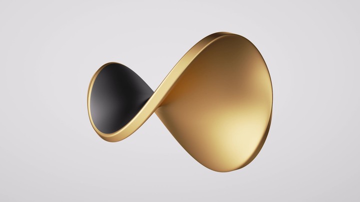 looped 3d animation, abstract black gold geometric shape rotates, isolated on white background