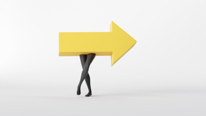 endless 3d animation. Dancing black legs with yellow arrow symbol, isolated on white background. Navigation symbol