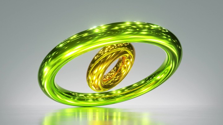 cycled 3d animation, abstract shiny rings spinning and rotating, glossy green yellow gold metallic objects, looping background