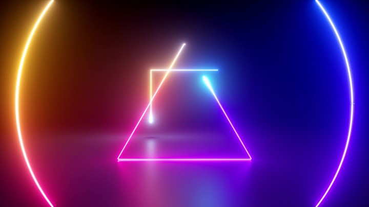 cycled 3d animation, abstract neon background with endless tunnel made of assorted geometric shapes, glowing lines appear in the dark. Light drawing