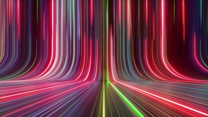 cycled 3d animation. Colorful spectrum laser rays sliding down. Abstract background with stream of neon lines leaving glowing tracks.