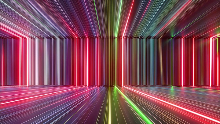 looped 3d animation, abstract neon background with colorful glowing lines sliding down, inside the virtual empty room