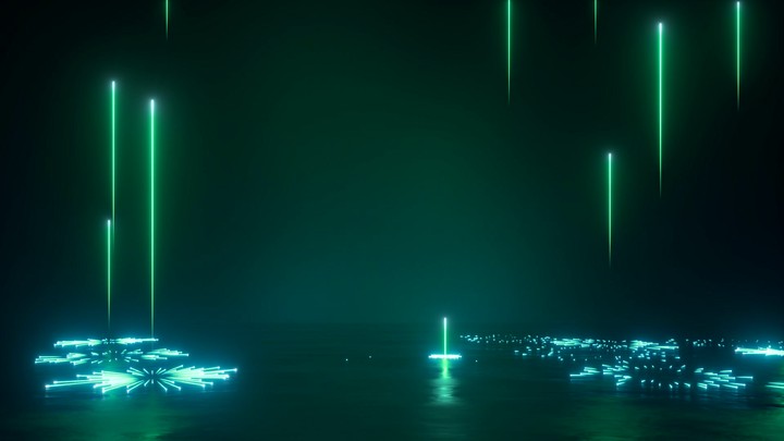 looping 3d animation. Abstract background with vertical neon lines and sparkles, glowing green particles fly up leaving trails