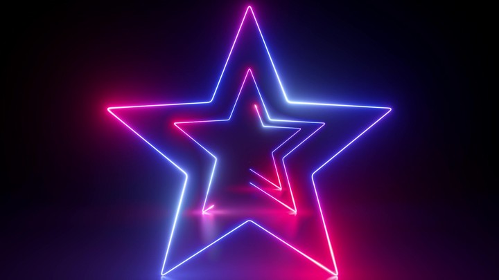 looping 3d animation, abstract background with red blue geometric neon stars. Light drawing. Glowing lines appear in the dark