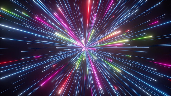3d animation, abstract cosmic background with colorful firework, glowing lines, laser rays and falling stars. Big bang concept