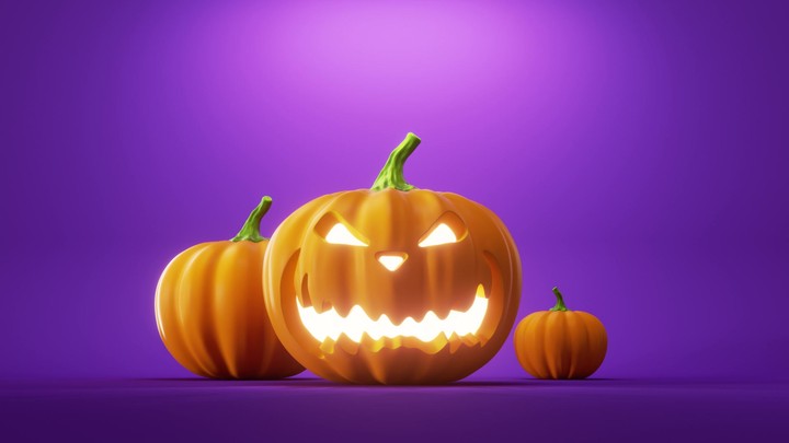 3d animation, halloween decoration, jumping and spinning pumpkin with scary face, jack lantern glowing with inner light, isolated on purple background