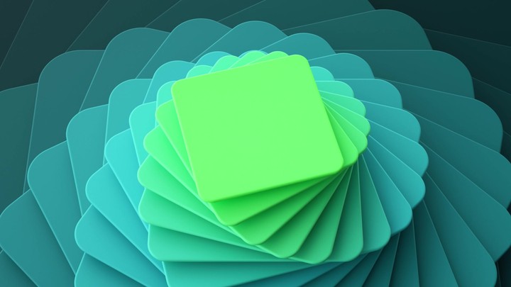 cycled 3d animation, abstract geometric background. Mint blue green gradient. Blank square cards twist and rotate clockwise. Shifting colorful layers