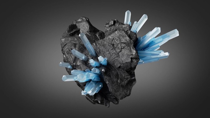 looping 3d animation, black rock with blue quartz crystals on it, rotating stone, magical nugget esoteric object