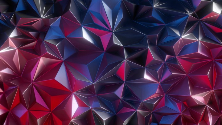 cycled 3d animation, abstract crystallized background illuminated with red blue neon light, shiny metallic texture, modern polygonal wallpaper