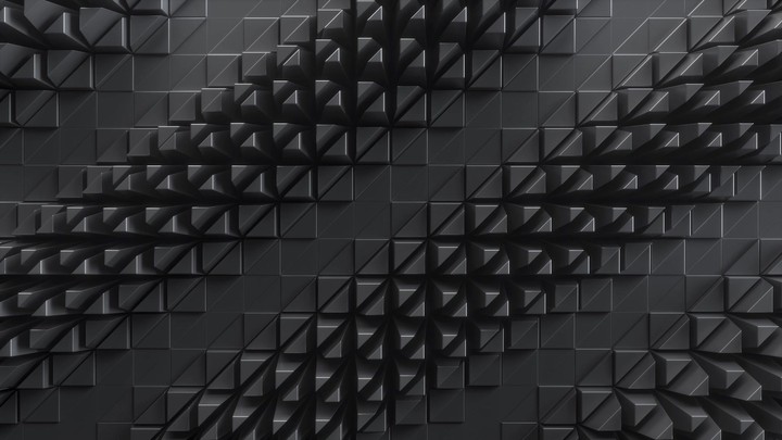 cycled 3d animation, abstract black geometrical background with industrial texture, nano technology, equalizer with waves
