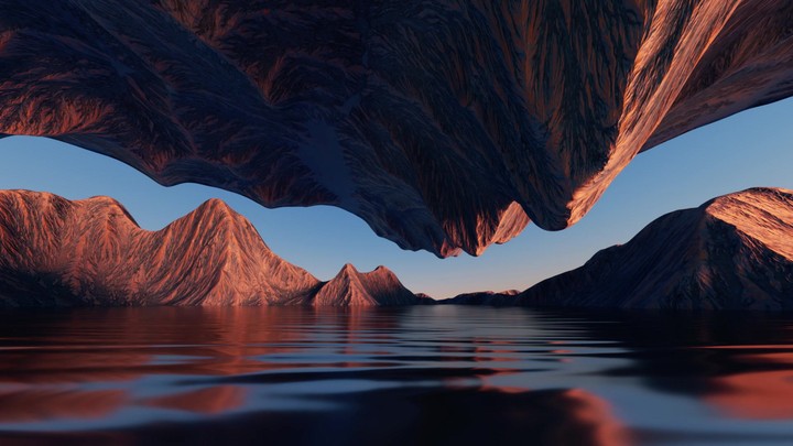 3d animation, moving forward the fantastic seascape scenery during a boat trip. Spiritual landscape panorama with mountains reflecting in the water. Abstract nature background