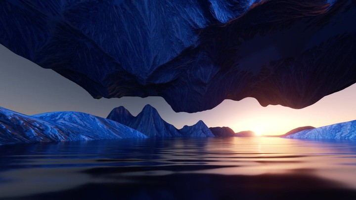 3d animation. Moving forward through fantastic seascapes during a sunset boat ride. Spiritual landscape panorama with blue rocky mountains reflecting in the water. Abstract nature background