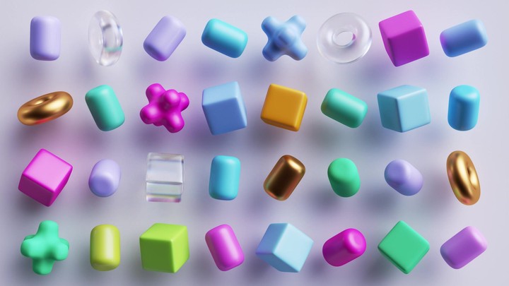 3d animation, collection of spinning assorted colorful geometric shapes, isolated on white background