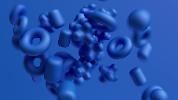 3d animation, abstract blue background with assorted blue geometric shapes move chaotically