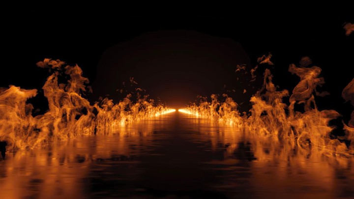 3d animation. Long burning road, ground is on fire. Blazing flames on black background
