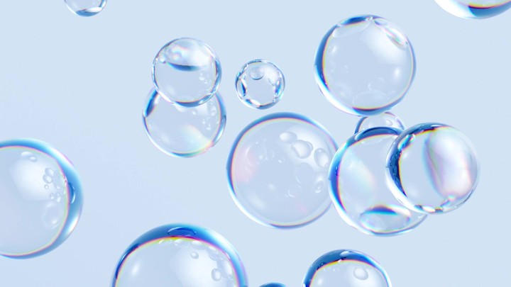 3d animation, glass balls falling down, abstract background with clear bubbles
