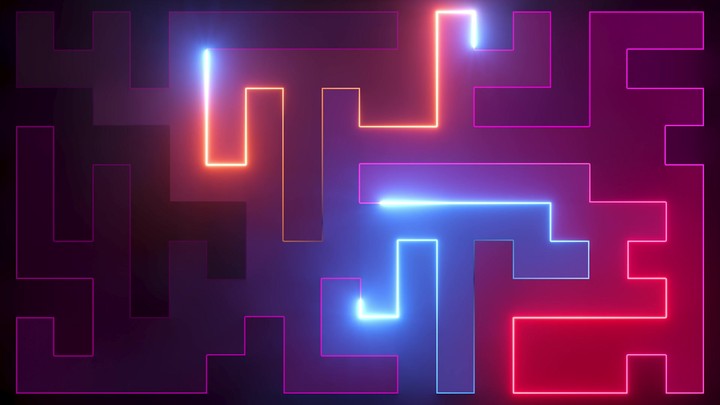 cycled 3d animation. Abstract neon background with geometric shapes drawn by laser lines