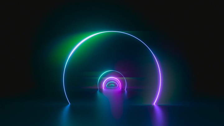 cycled 3d animation, endless tunnel with round pink green arches. Abstract neon background