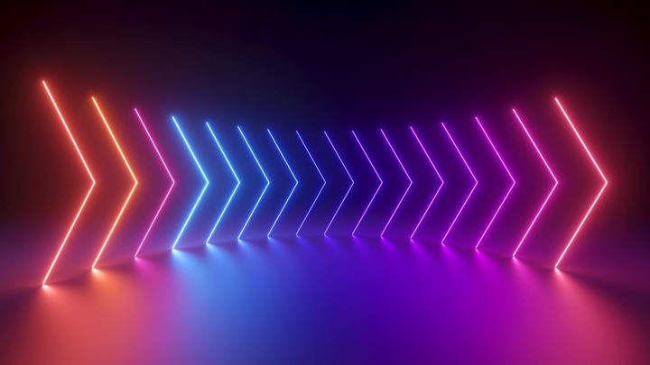 cycled 3d animation, abstract background with neon arrows showing right direction, blue pink red gradient light glowing in the dark