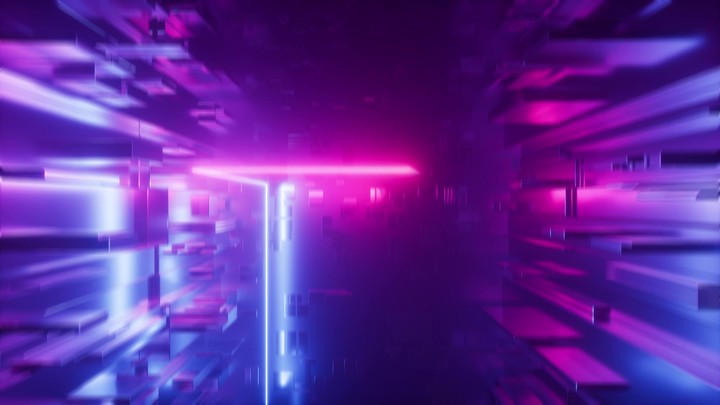 looping 3d animation, abstract neon technological background with tracing ray, geometric line