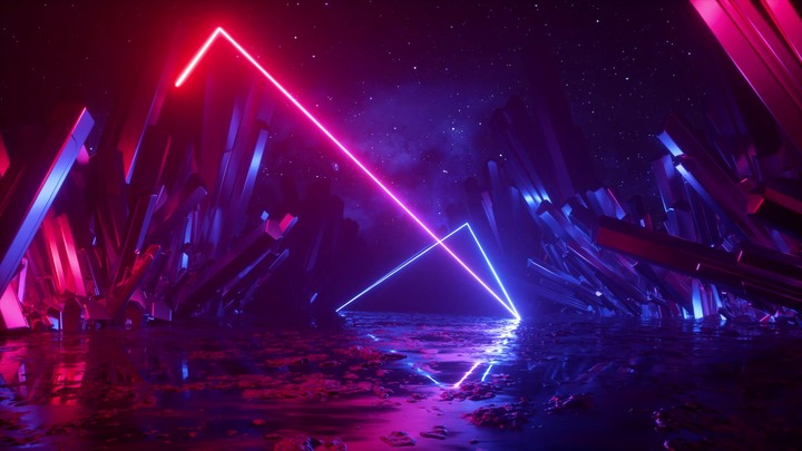 cycled 3d animation, abstract neon background, extraterrestrial landscape scenery with laser ray, flight backward between the crystal rocks, virtual reality space, futuristic technology