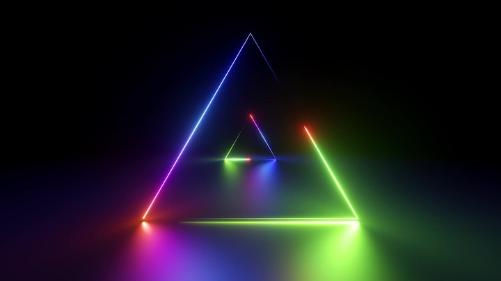 looping 3d animation, abstract geometric background with colorful glowing neon triangles appear