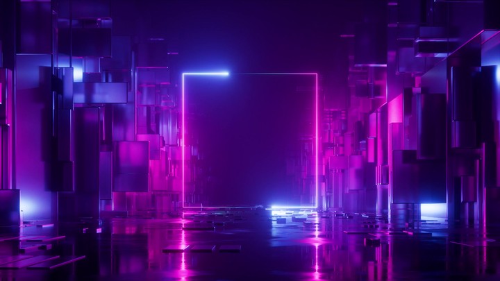 cycled 3d animation. Abstract fantastic neon background with blank square frame. Glowing lines draw geometric shape