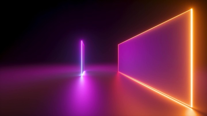 3d looping animation, rotating square frames, looped abstract neon geometric background, spinning glowing pink orange violet lines, endless rotation, flight around, fluorescent ultraviolet light