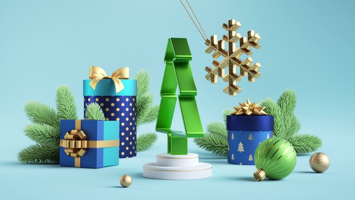 looped 3d animation. Christmas cycled background. Golden snowflake pendulum swinging, spinning fir tree, wrapped gift boxes and green spruce twigs. Winter holiday wallpaper