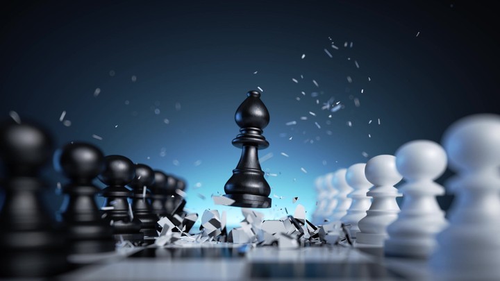 3d animation, chess game aggressive move, black bishop chess piece attacks, breakthrough. Unexpected game changer