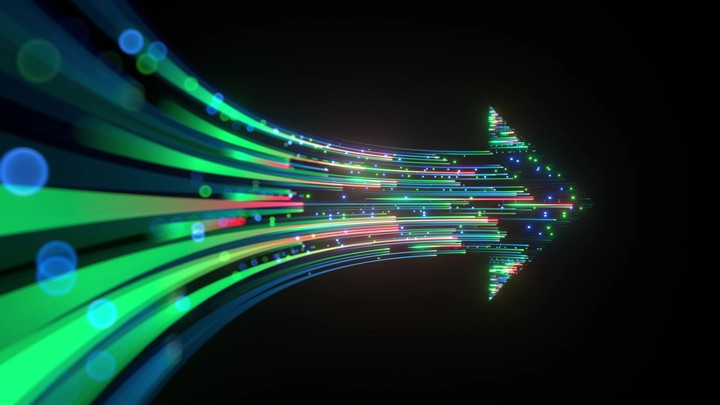 A looped 3d animation of a neon arrow isolated on a black background. Luminous lines and pulses glide along a geometric path