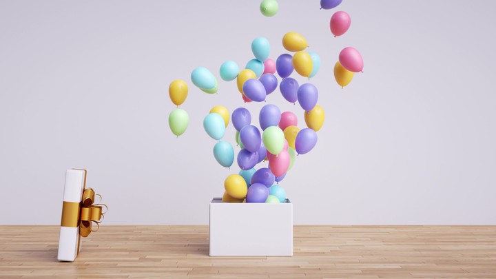 3d animated festive wallpaper. Colorful air balloons fly away from the gift box. Abstract party background.