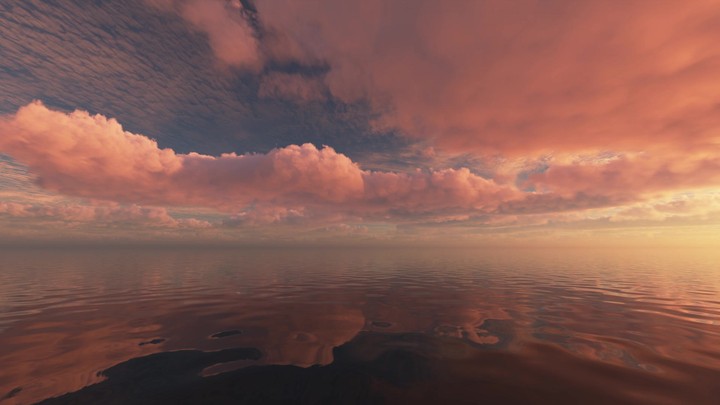 3d animation. Slowly floating pink clouds in the sunset sky above the calm water. Nature panoramic background