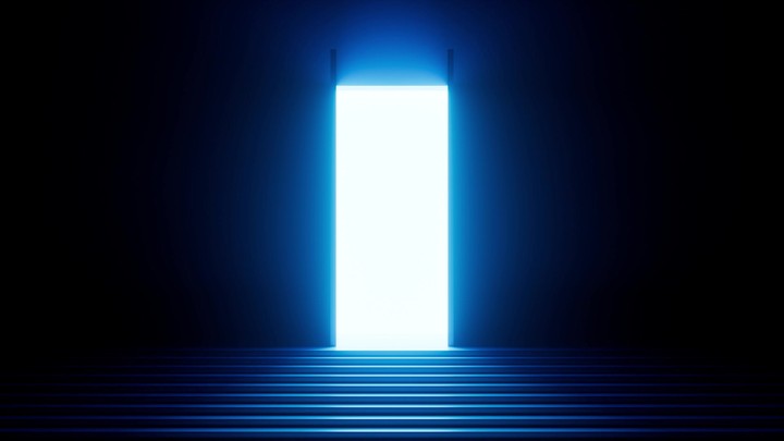 a bright white light appears in a dark room with steps after opening the double door. Abstract minimalist 3d animation. Entrance or exit, way out concept