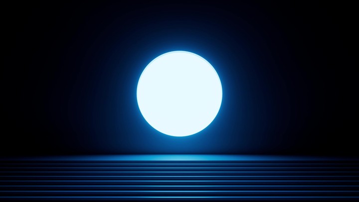 3d animation. Modern minimal geometric background of hole appearing in the dark room with steps. Bright white moon light shines from the round window. Blank showcase platform for product presentation