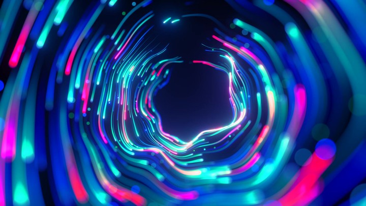 cycled 3d animation. Abstract background with spinning pink blue glowing curvy neon lines and bokeh lights, forming a tunnel vortex with hole