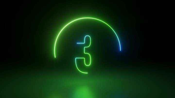 3d animation, green neon top ten countdown, linear numbers 1 to 10 drawing inside round frames, isolated on black background, glowing in the dark
