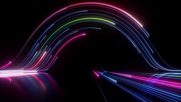 Abstract black background with pink and blue neon glowing lines that move into the distance, curve and fade away. 3d render motion speed of light and hypertunnel. Movement from left to right.