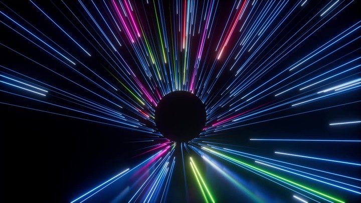 Abstract black background with pink and blue neon glowing lines that extend into the distance, form a circle and disappear. 3d render motion speed of light and hypertunnel. Moving away.