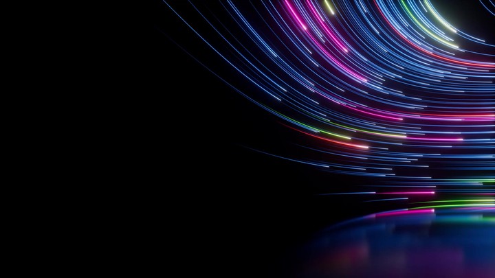 Abstract black background with pink and blue neon glowing lines that extend into the distance, moving through a tunnel to the right. 3d render motion speed of light and hypertunnel. Moving away.