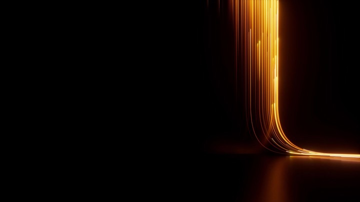 cycled 3d animation. Abstract futuristic neon background, golden yellow glowing lines, laser rays, speed of light. Looping seamless animation