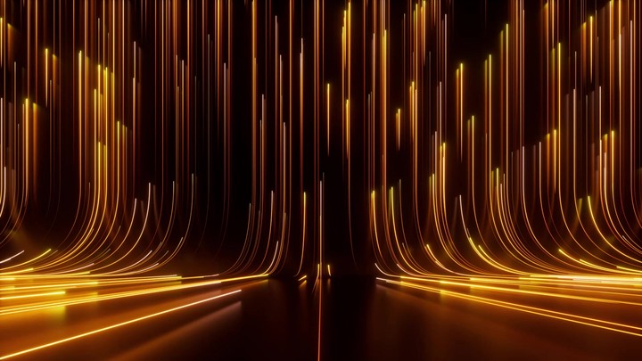 cycled 3d animation. Abstract neon background of random yellow neon lines sliding up endlessly, leaving glowing trails. Futuristic animated wallpaper